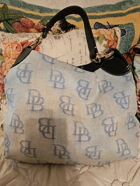 Designer-Inspired Blue & Cream Tote Bag with Black Leather Handles